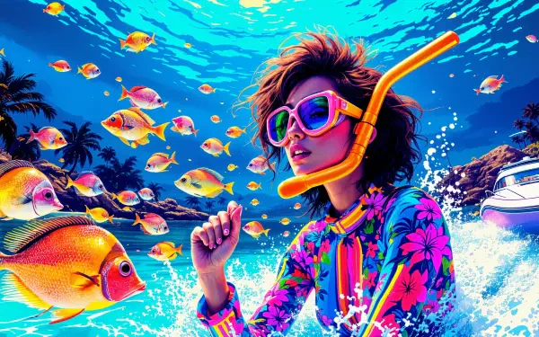 A vibrant snorkeling scene featuring a person in colorful gear immersed in clear water, surrounded by tropical fish and a boat, captured in stunning 4K Ultra HD for a captivating desktop wallpaper.