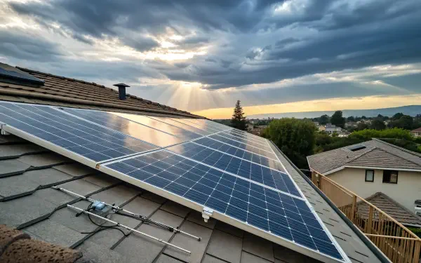A 4K Ultra HD wallpaper featuring solar panels on a rooftop, illuminated by rays of sunlight breaking through a cloudy sky, showcasing sustainable energy in a serene setting.