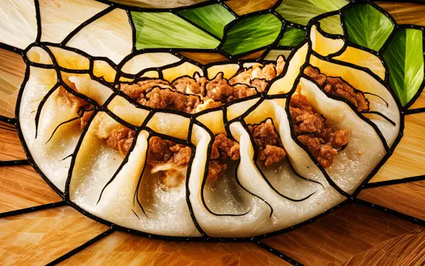 A beautifully detailed potsticker presented in vibrant colors, featuring a glossy finish and intricate textures, designed as a stunning 4K Ultra HD desktop wallpaper and background.