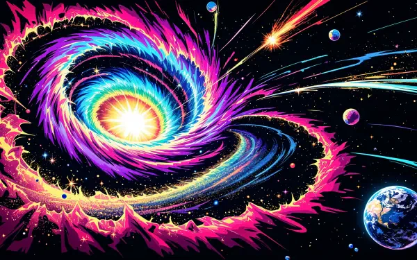 Vibrant 4K Ultra HD depiction of the Big Bang, showcasing swirling galaxies, cosmic energy, and planets in the vast universe of space.