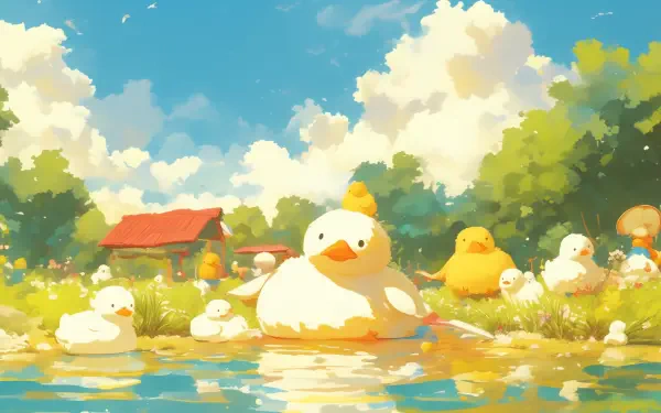A vibrant artistic painting of ducks enjoying a sunny day by the water, surrounded by greenery and a charming red-roofed house, perfect for a HD desktop wallpaper.