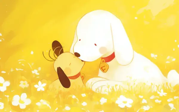 A heartwarming anime scene featuring Pochacco, with a white dog gently sharing a kiss with a smaller dog against a vibrant yellow background filled with flowers. HD desktop wallpaper.