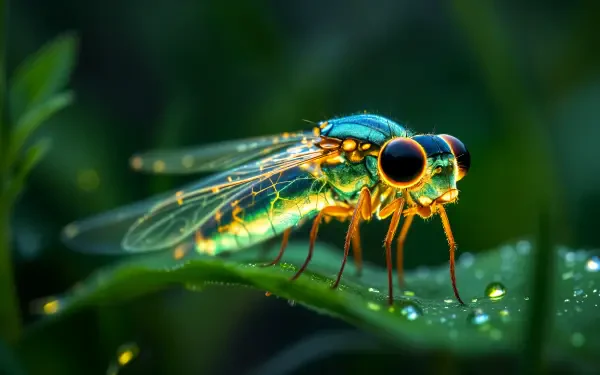A vibrant firefly rests on a leaf, showcasing its iridescent body and striking features in stunning detail, perfect for a 4K Ultra HD desktop wallpaper and background.