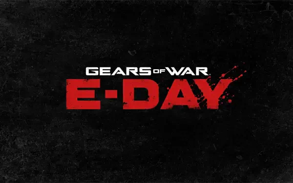 A bold logo for the video game Gears of War: E-Day displayed against a textured black background, designed as a high-definition PC desktop wallpaper.