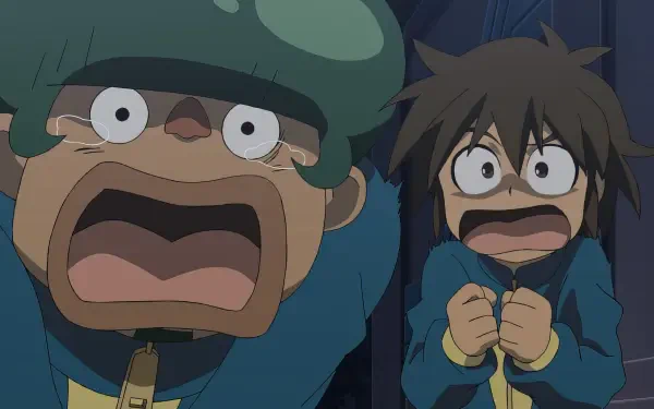 An HD desktop wallpaper featuring characters from Inazuma Eleven, depicting two boys with exaggerated expressions of shock and fear.