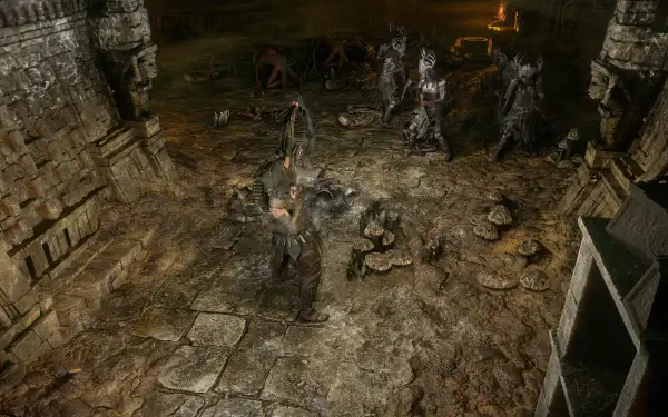 A dramatic scene from the video game Dragon Age: The Veilguard, showcasing a character battling in an ancient, dimly lit environment filled with ruins and dark figures. 4K Ultra HD quality.