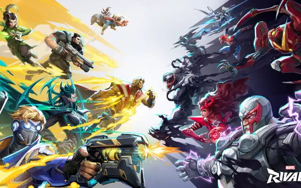 A vibrant 4K Ultra HD wallpaper showcasing intense characters from the video game Marvel Rivals, with heroes and villains clashing amid dynamic energy effects.