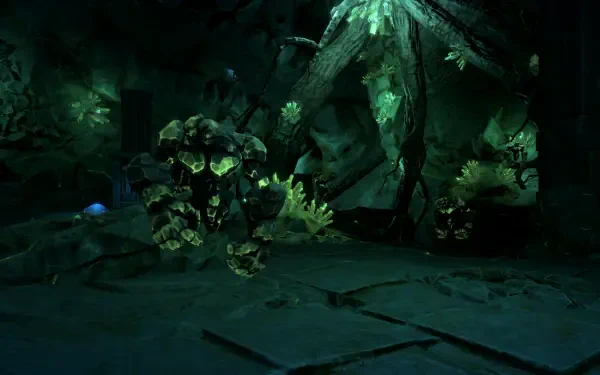 A dark, atmospheric HD wallpaper from the video game Pantheon: Rise of the Fallen, featuring shadowy creatures and vibrant green foliage in an eerie environment.