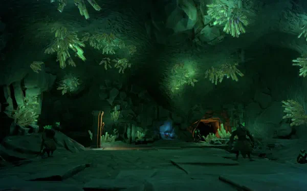A dark, immersive cave scene from the video game Pantheon: Rise of the Fallen, featuring glowing crystals and a mysterious atmosphere, designed as an HD PC desktop wallpaper.