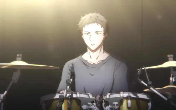 Anime HD wallpaper featuring a character from the Given movie, Hiiragi Mix, focused on a drummer in a spotlight, conveying a sense of artistry and emotion.