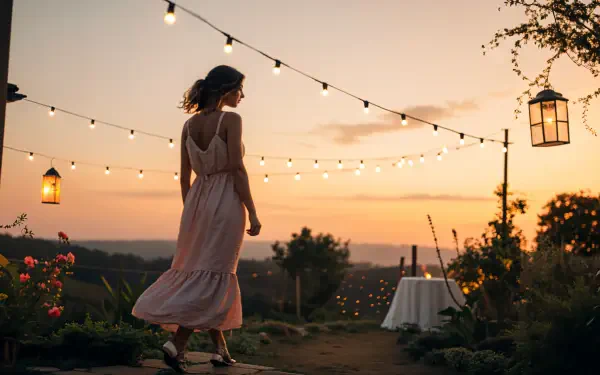 A woman in a flowing sundress strolls in a scenic outdoor setting, illuminated by soft string lights against a vibrant sunset, captured in stunning 4K Ultra HD.