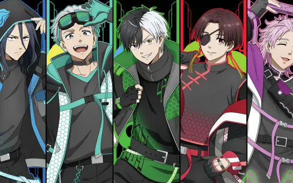 HD anime desktop wallpaper featuring five characters from Wind Breaker, each showcasing distinct expressions and vibrant outfits against a dynamic, colorful background.