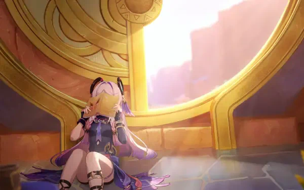 HD PC desktop wallpaper featuring Citlali, a girl from the video game Genshin Impact, sitting peacefully inside a golden circular structure bathed in warm sunlight.