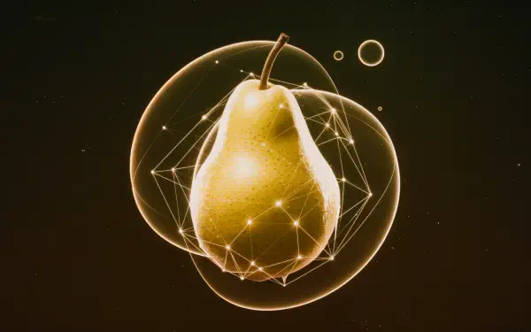 A vibrant pear is showcased in this 4K Ultra HD PC desktop wallpaper, surrounded by geometric shapes and glowing bubbles, creating a modern and artistic visual.