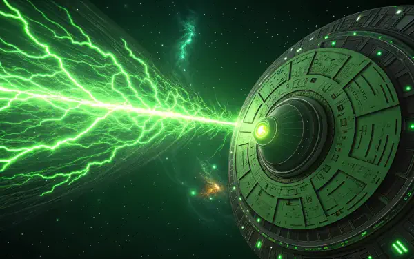 A striking 4K Ultra HD desktop wallpaper featuring a warp drive emitting a vivid green energy beam against a cosmic backdrop. Perfect for sci-fi enthusiasts and fans of space art.