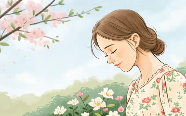 A serene illustration of a young woman with closed eyes, surrounded by blooming flowers and soft pastel hues, serving as a 4K Ultra HD desktop wallpaper.