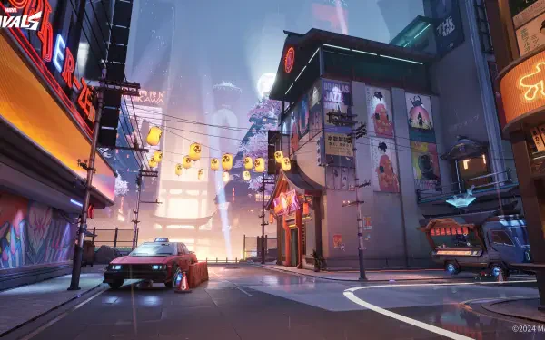 A vibrant cityscape from the video game Marvel Rivals, featuring neon lights, streets, and futuristic architecture, designed as a stunning 4K Ultra HD wallpaper for PC.