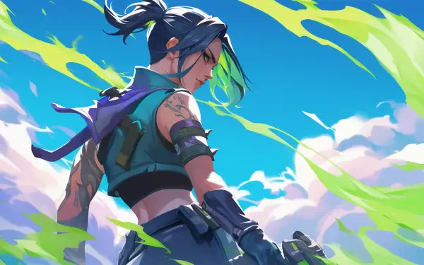 A vibrant HD wallpaper featuring Viper from Valorant, showcasing her fierce demeanor against a backdrop of blue skies and dynamic green flames.
