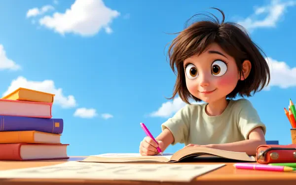 A cheerful child with short brown hair writes in an open book at a desk, surrounded by colorful pencils and stacks of books, under a bright blue sky. 4K Ultra HD wallpaper.