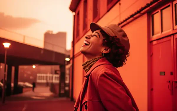 A joyful individual laughs under a warm sunset, surrounded by urban architecture, captured in vibrant colors, perfect as a 4K Ultra HD PC desktop wallpaper and background.