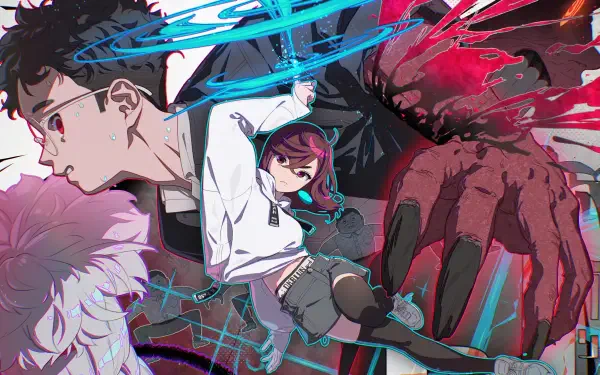 4K Ultra HD PC desktop wallpaper of Dandadan featuring Momo Ayase and Ken Takakura in dynamic action amid neon energy streaks and dramatic shadows.