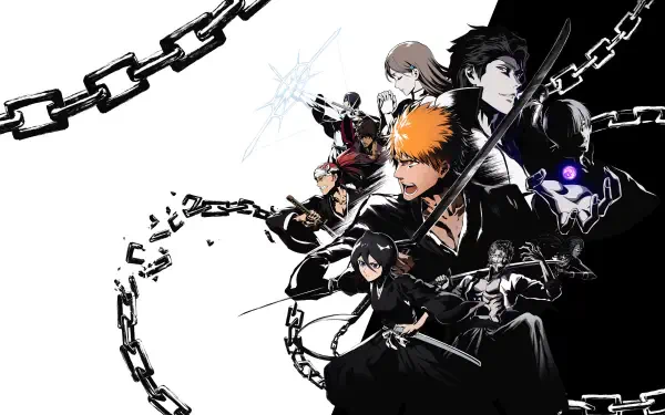 4K Ultra HD PC desktop wallpaper featuring dynamic Bleach characters in action, with bold chains and a striking black-and-white background.