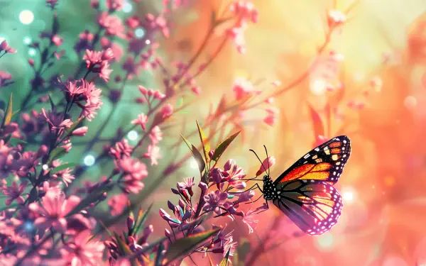 A vibrant butterfly perched among colorful flowers, set against a dreamy, softly blurred background, creating a serene 4K Ultra HD desktop wallpaper and background.