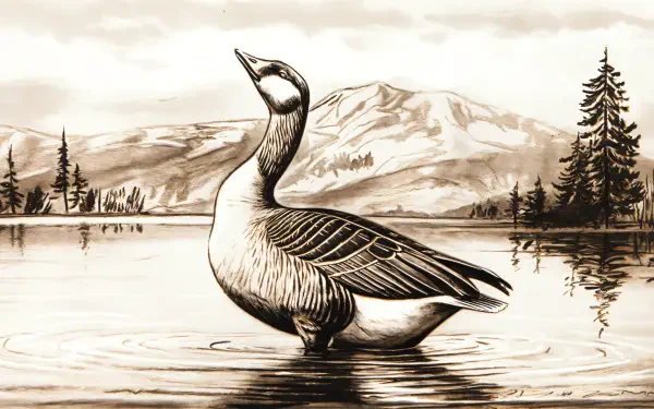 A detailed illustration of a goose standing in calm waters, surrounded by mountains and trees, designed as a 4K Ultra HD PC desktop wallpaper and background.