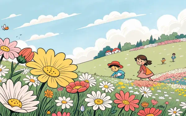 A vibrant field of flowers in full bloom, with children playing amidst daisies and colorful blossoms under a bright sky. Captured as a 4K Ultra HD desktop wallpaper.