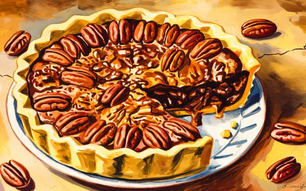 A 4K Ultra HD wallpaper featuring a golden-baked pecan pie topped with whole pecans, showcasing a rich dessert and sweet baked treat on a plate.