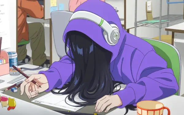 Anime-style HD PC desktop wallpaper featuring a person in a purple hoodie and headphones, immersed in drawing, evoking a calm lofi and Zenshu atmosphere.
