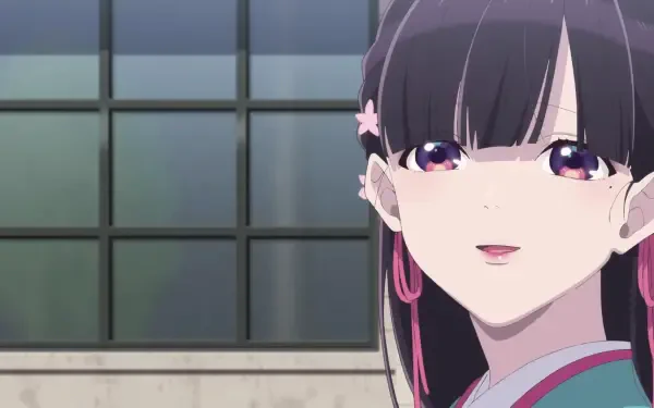 Miyo Saimori from My Happy Marriage smiles softly in this HD anime wallpaper, set against a backdrop of large windows, capturing a serene moment in vibrant detail.