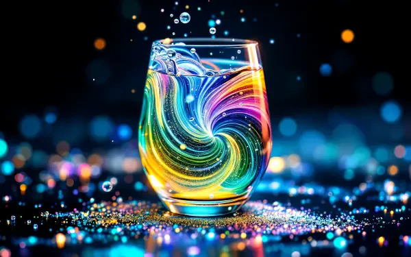 A vibrant glass of cider with swirling colors stands against a shimmering background, capturing the essence of refreshment in this 4K Ultra HD desktop wallpaper.
