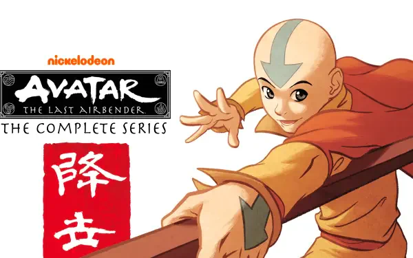 Avatar: The Last Airbender anime 4K Ultra HD PC desktop wallpaper — Aang in monk robes with arrow tattoo lunging forward with his staff, series logo and red kanji seal on white background.