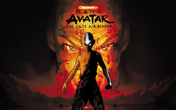 4K Ultra HD anime wallpaper featuring a striking image of Aang from Avatar: The Last Airbender with intense fiery background and bold title text.