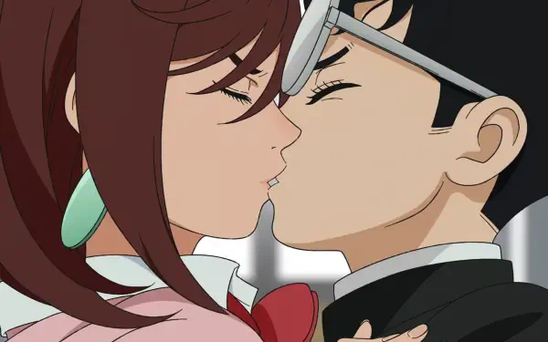 HD PC desktop wallpaper featuring characters Momo Ayase and Jin Enjouji from Dandadan, inspired by Ken Takakura and Seiko Ayase.