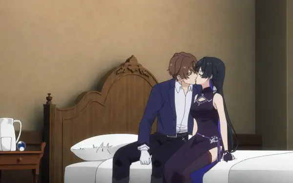 A romantic moment between two characters in Unnamed Memory, set against the backdrop of a cozy bedroom, captures the essence of this HD anime wallpaper.