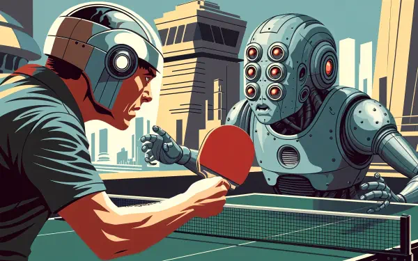 A futuristic table tennis match featuring a human player and a robot opponent, set against a vibrant city skyline. High-quality 4K Ultra HD wallpaper.