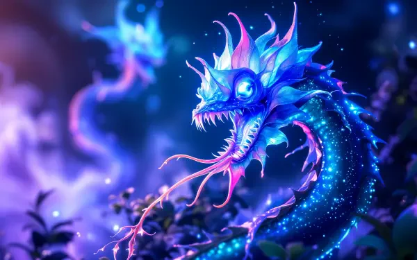 A mesmerizing 4K Ultra HD wallpaper featuring a vibrant dragon-like creature with glowing scales and intricate details, set against a mystical, ethereal background.