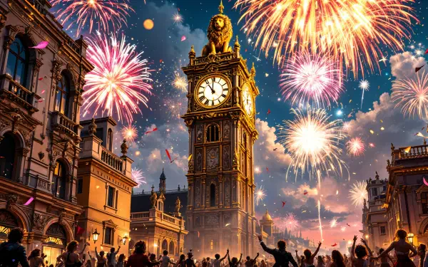 A vibrant New Year countdown scene featuring a clock tower surrounded by colorful fireworks and a cheering crowd, captured in stunning 4K Ultra HD quality.