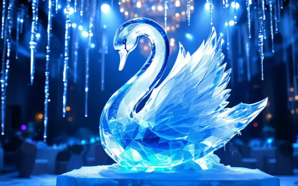 A stunning ice sculpture of a swan, intricately detailed, illuminated by blue lights, serving as an elegant backdrop in a luxurious setting. Ideal as a 4K Ultra HD desktop wallpaper.