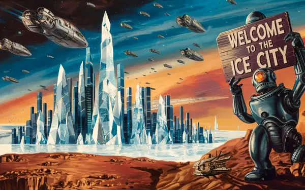A vibrant ice sculpture landscape with towering icy spires and a robot holding a sign that reads Welcome to the Ice City, set against a dramatic sky and flying ships. 4K Ultra HD wallpaper.