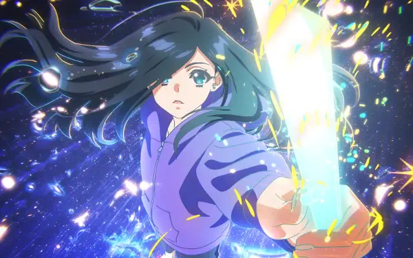 Anime-style 4K Ultra HD PC wallpaper featuring a dynamic character with flowing dark hair wielding a glowing sword, illustrated by Natsuko Hirose for Zenshu.