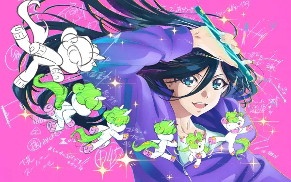 Anime-style HD PC desktop wallpaper by Zenshu featuring vibrant characters by Natsuko Hirose and Unio, set against a bright pink background with playful green creatures.