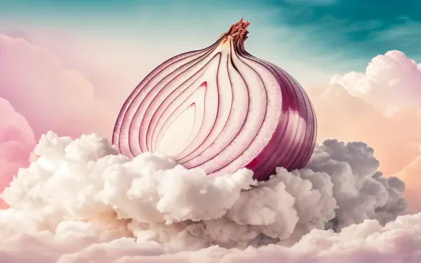 A vibrant 4K Ultra HD wallpaper featuring a sliced onion perched atop fluffy clouds, set against a dreamy pastel sky.