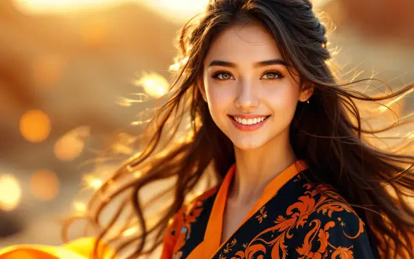 A smiling young woman with flowing hair wears a vibrant orange and black outfit, set against a warm, glowing background, making a captivating 4K Ultra HD PC desktop wallpaper.