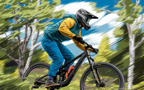 A mountain biker rides swiftly through a lush forest, showcasing dynamic motion in this vibrant 4K Ultra HD wallpaper, perfect for any desktop background.