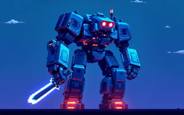 A giant mech stands firmly against a twilight backdrop, illuminated by vibrant lights, wielding a glowing sword. This stunning image serves as a 4K Ultra HD PC desktop wallpaper.
