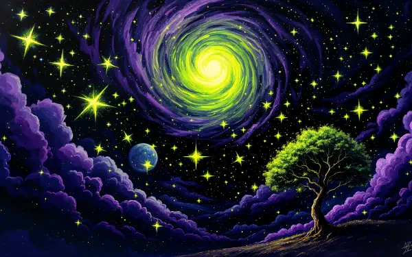 A vibrant, starry night scene featuring a swirling galaxy, sparkling stars, a serene tree silhouette, and a distant planet, designed as a 4K Ultra HD desktop wallpaper.