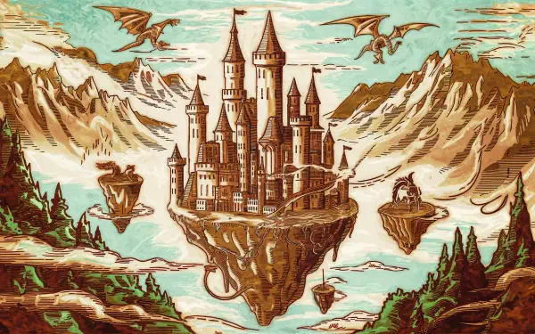 A detailed 4K Ultra HD fantasy scene featuring a majestic flying castle atop a floating island, surrounded by dragons soaring over mountainous terrain.